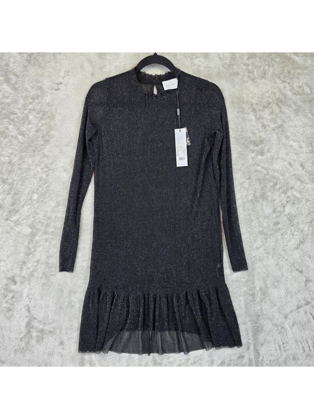 Neo Noir Vola Dress Womens XS Black High Neck Long Sleeve Ruffle Hem Sparkle